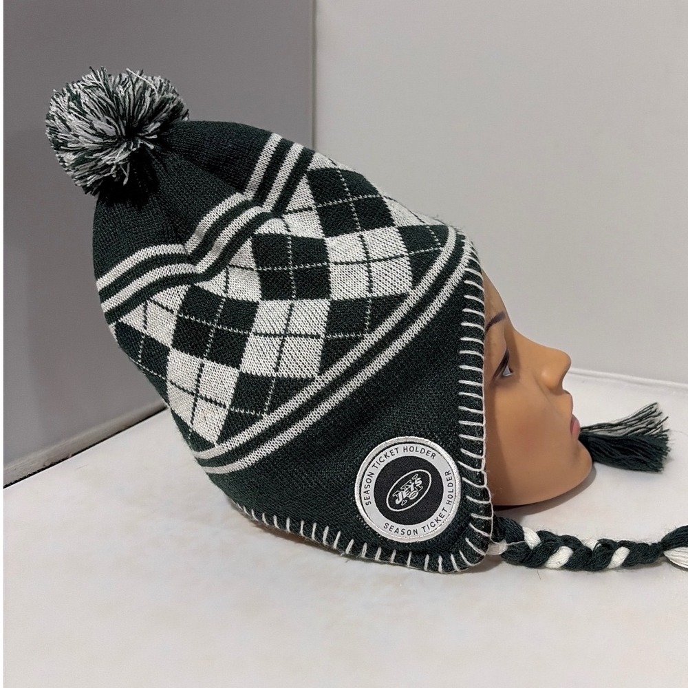 New York Jets Kids Knit Trapper Hat Argyle Pom Beanie Season Ticket Holder Green